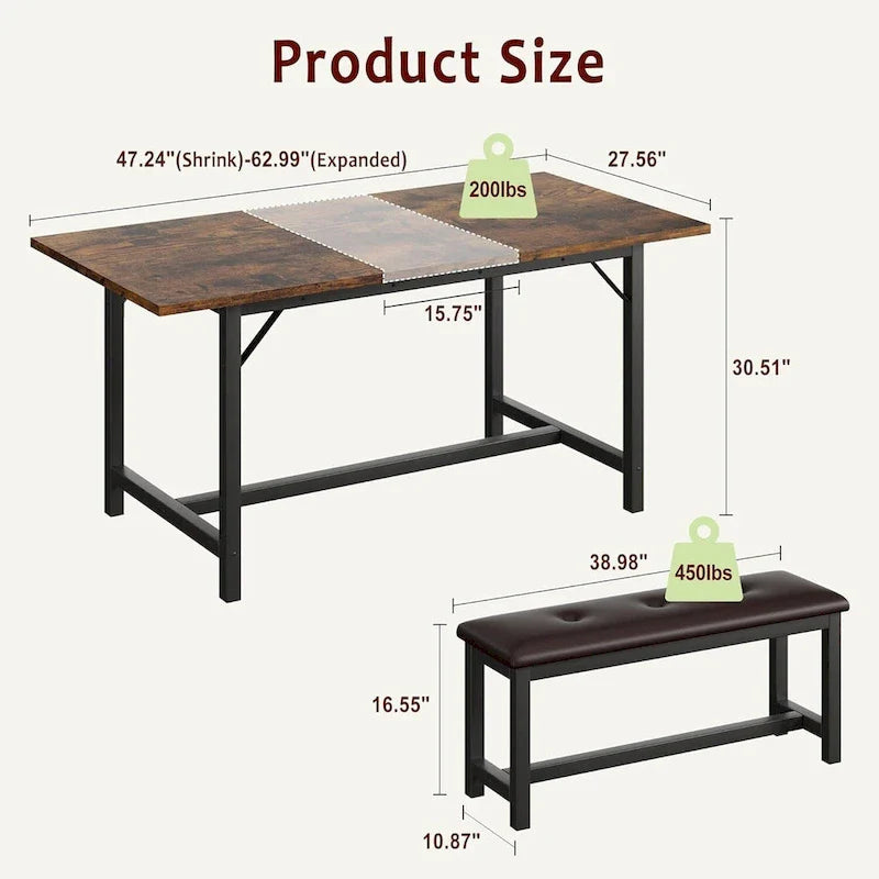 Ensemble de 3 grandes pièces : table de cuisine extensible pour 6 personnes