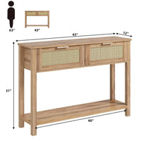Console d'entrée, Console avec 2 tiroirs en rotin, Console en bois avec rangement