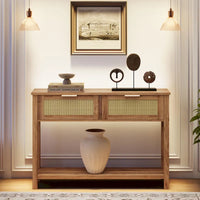 Console d'entrée, Console avec 2 tiroirs en rotin, Console en bois avec rangement