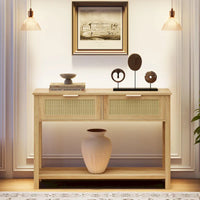 Console d'entrée, Console avec 2 tiroirs en rotin, Console en bois avec rangement