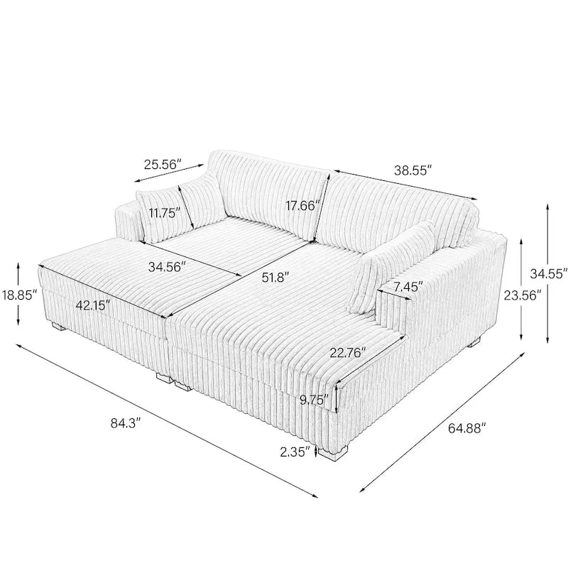 Canapé Sectionnel Modulable Méridienne Sophia 84 pouces de large en Velours Côtelé Moelleux