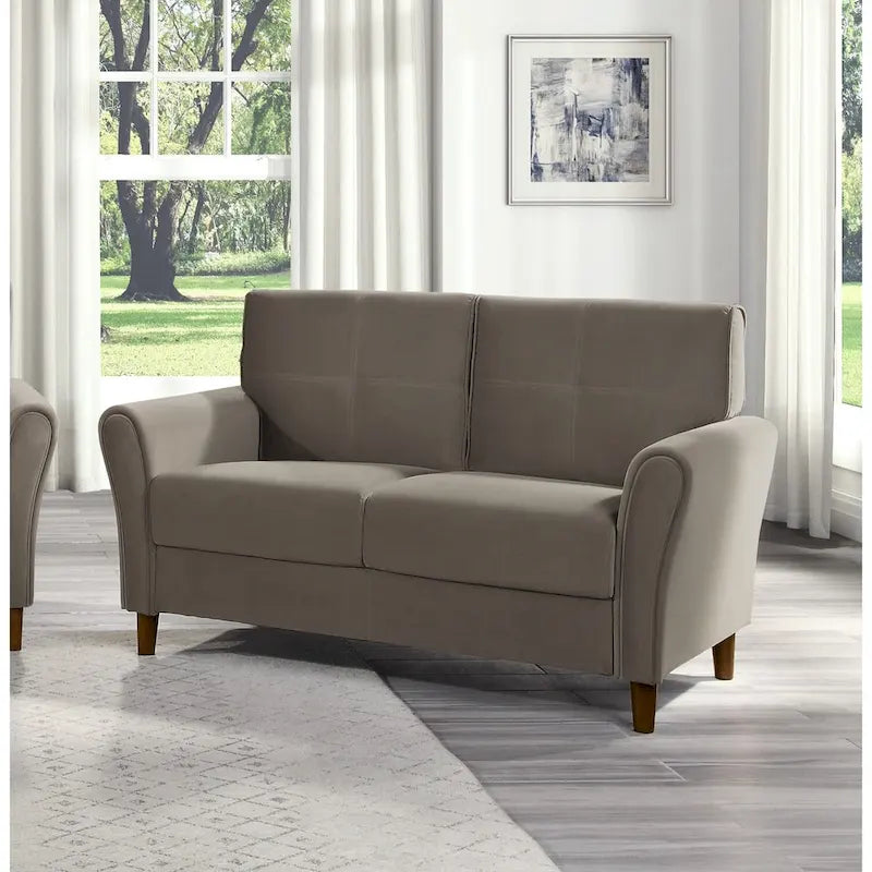 Causeuse confort 1 pièce rembourrée en velours brun, dossiers moelleux, détail capitonné, structure en bois massif, mobilier de salon moderne
