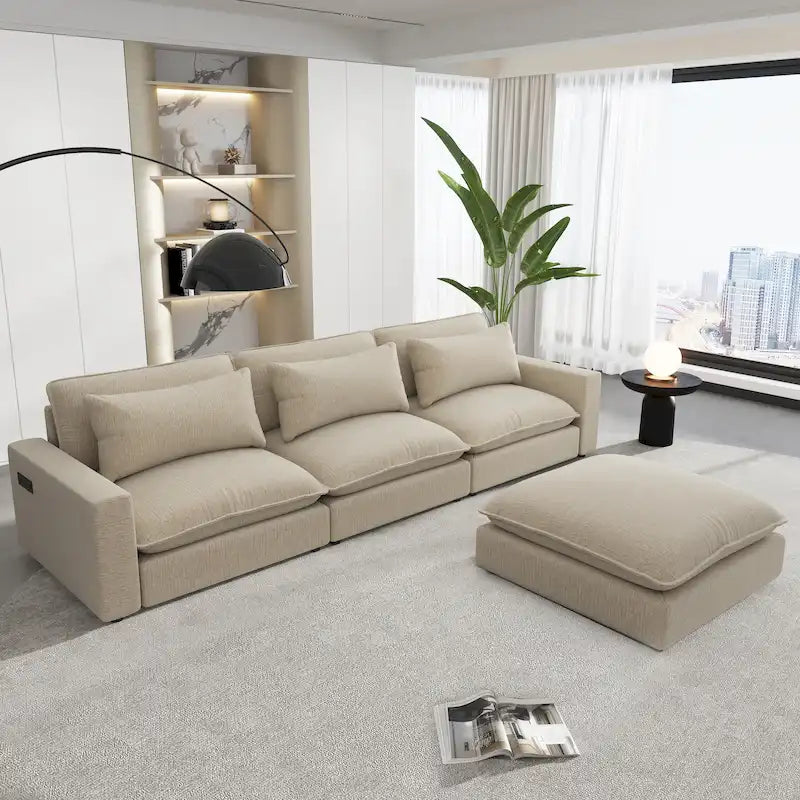 Canapé Sectionnel Canapé Nuage, Canapé Rembourré en Chenille avec Pouf Mobile, Ports de Chargement et 3 Coussins de Dossier