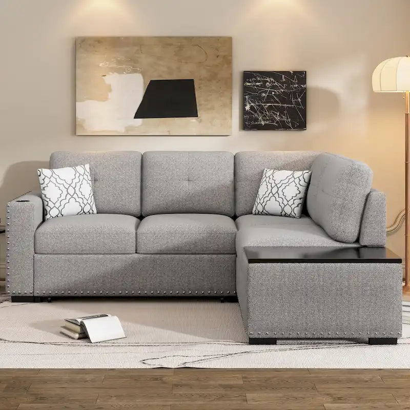 Canapé Sectionnel Canapé Nuage, Canapé Rembourré en Chenille avec Pouf Mobile, Ports de Chargement et 3 Coussins de Dossier