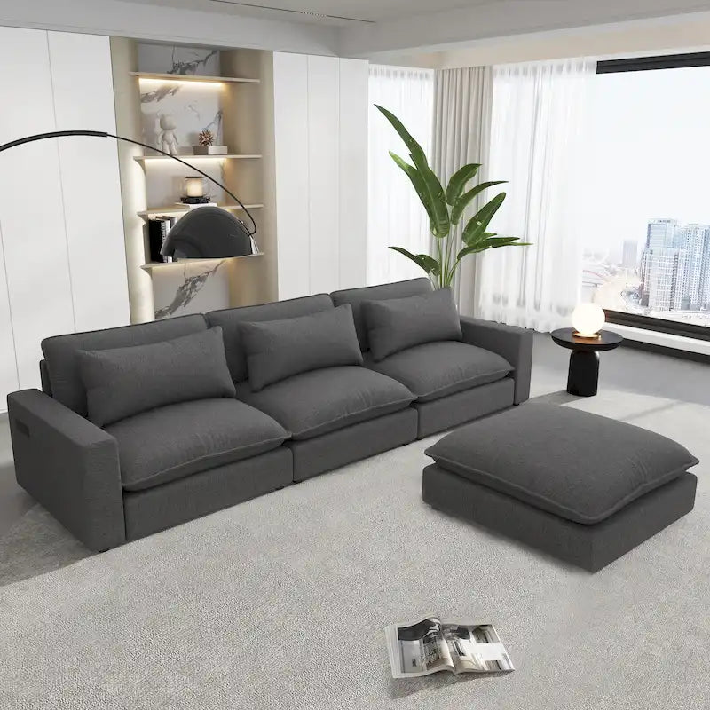 Canapé Sectionnel Canapé Nuage, Canapé Rembourré en Chenille avec Pouf Mobile, Ports de Chargement et 3 Coussins de Dossier