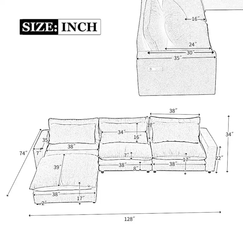 Canapé Sectionnel Canapé Nuage, Canapé Rembourré en Chenille avec Pouf Mobile, Ports de Chargement et 3 Coussins de Dossier