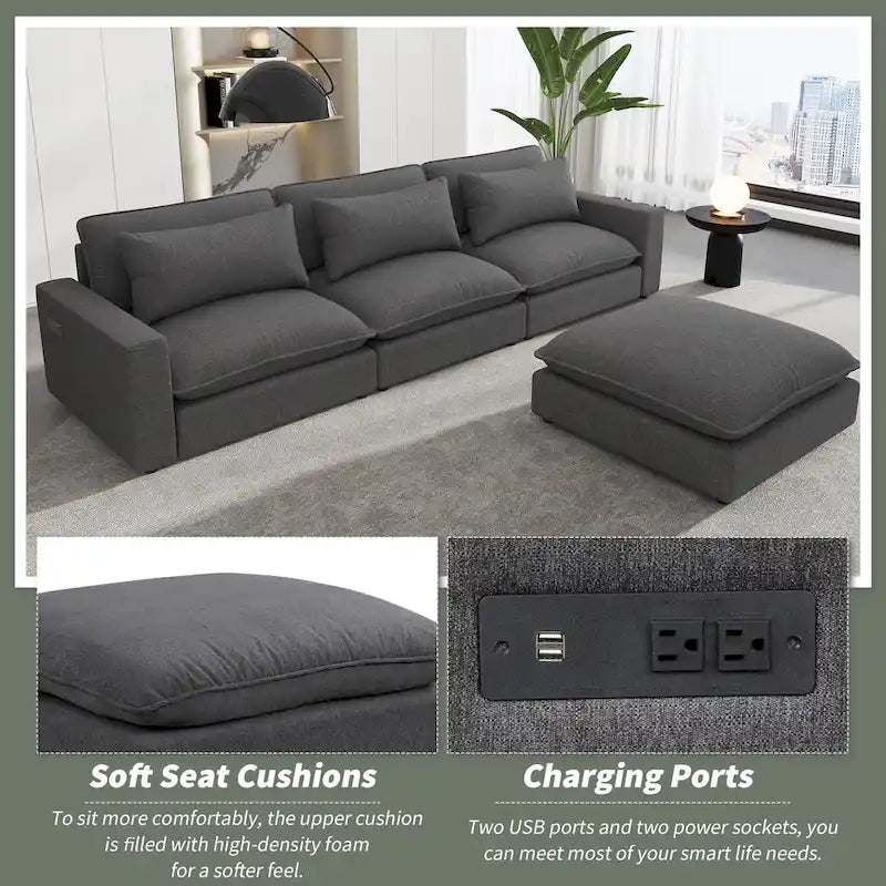 Canapé Sectionnel Canapé Nuage, Canapé Rembourré en Chenille avec Pouf Mobile, Ports de Chargement et 3 Coussins de Dossier
