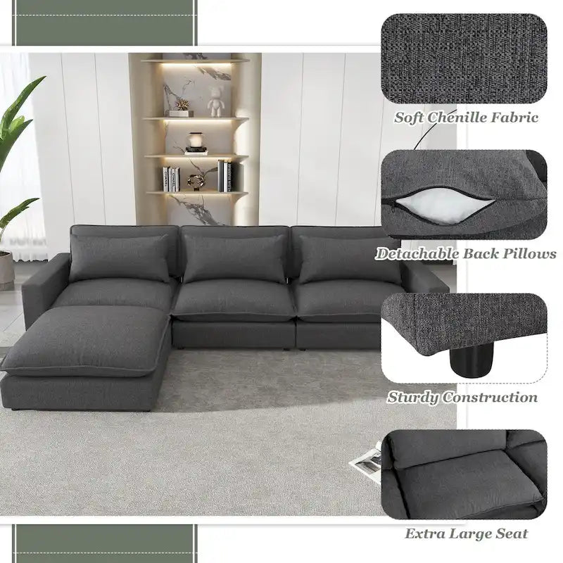 Canapé Sectionnel Canapé Nuage, Canapé Rembourré en Chenille avec Pouf Mobile, Ports de Chargement et 3 Coussins de Dossier