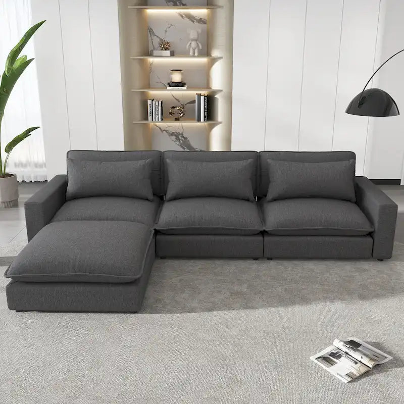Canapé Sectionnel Canapé Nuage, Canapé Rembourré en Chenille avec Pouf Mobile, Ports de Chargement et 3 Coussins de Dossier