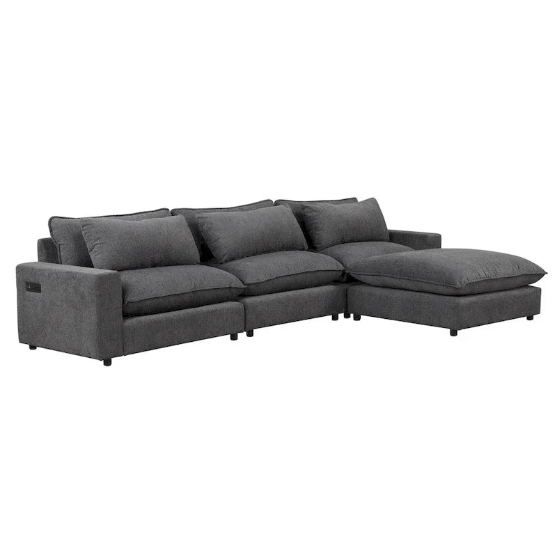 Canapé Sectionnel Canapé Nuage, Canapé Rembourré en Chenille avec Pouf Mobile, Ports de Chargement et 3 Coussins de Dossier
