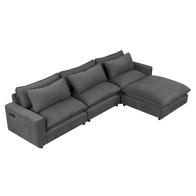 Canapé Sectionnel Canapé Nuage, Canapé Rembourré en Chenille avec Pouf Mobile, Ports de Chargement et 3 Coussins de Dossier