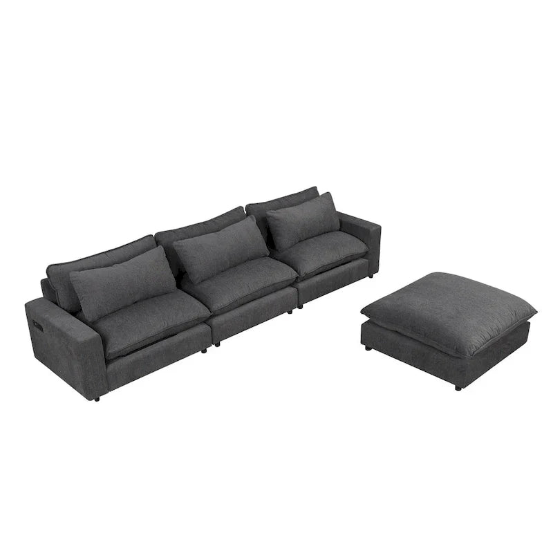 Canapé Sectionnel Canapé Nuage, Canapé Rembourré en Chenille avec Pouf Mobile, Ports de Chargement et 3 Coussins de Dossier