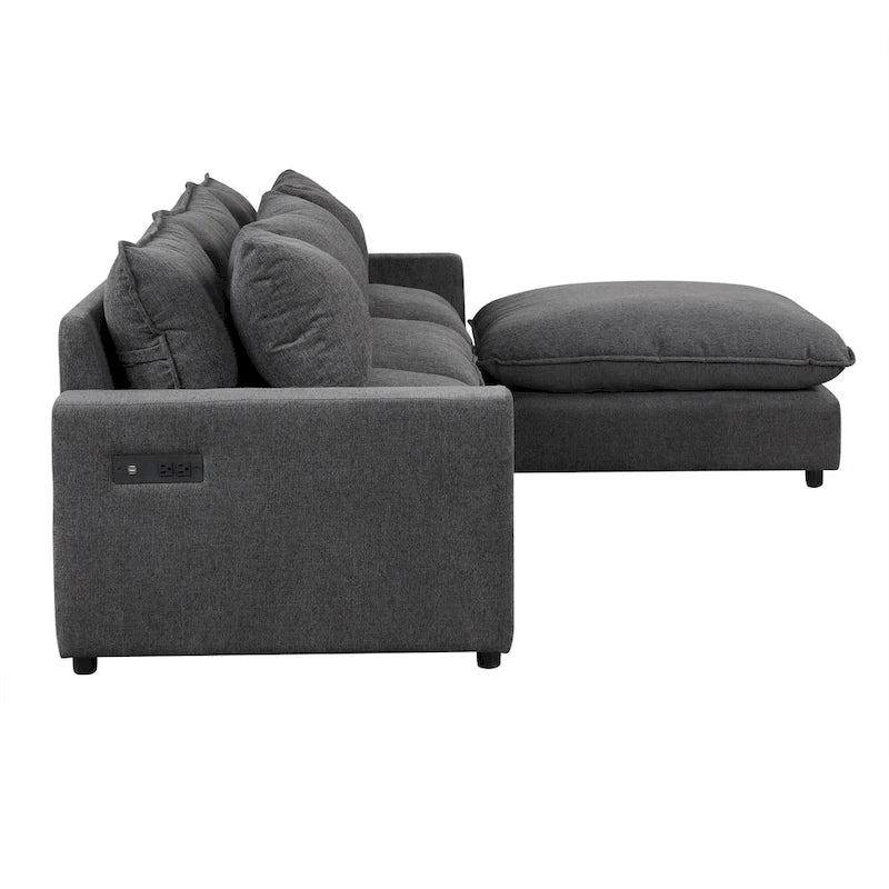 Canapé Sectionnel Canapé Nuage, Canapé Rembourré en Chenille avec Pouf Mobile, Ports de Chargement et 3 Coussins de Dossier