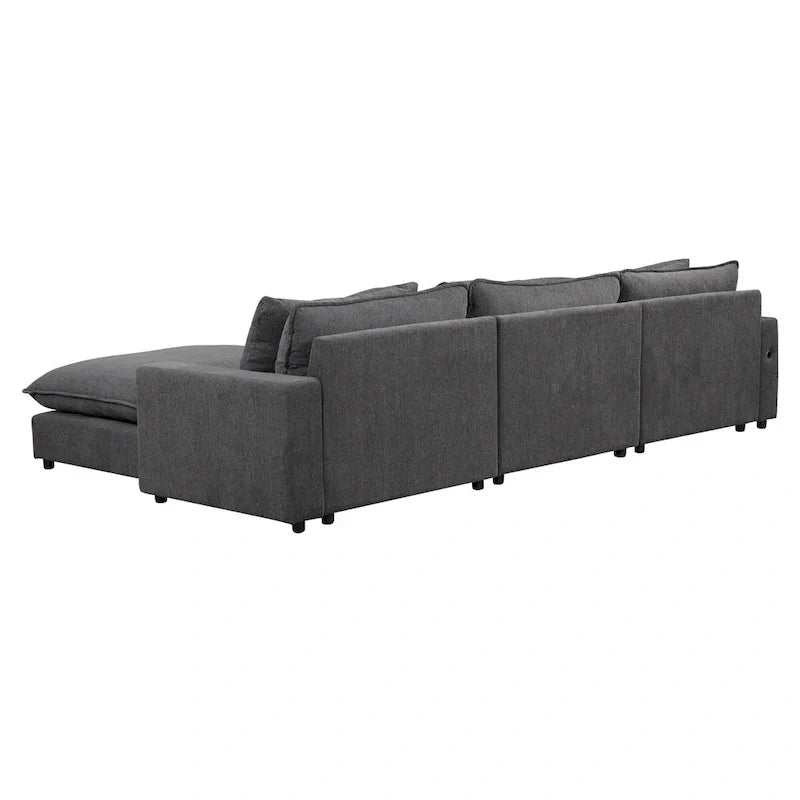 Canapé Sectionnel Canapé Nuage, Canapé Rembourré en Chenille avec Pouf Mobile, Ports de Chargement et 3 Coussins de Dossier