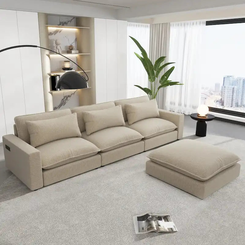 Canapé Sectionnel Canapé Nuage, Canapé Rembourré en Chenille avec Pouf Mobile, Ports de Chargement et 3 Coussins de Dossier
