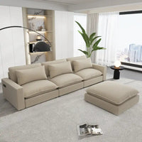 Canapé Sectionnel Canapé Nuage, Canapé Rembourré en Chenille avec Pouf Mobile, Ports de Chargement et 3 Coussins de Dossier