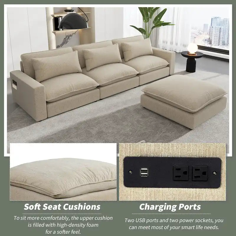 Canapé Sectionnel Canapé Nuage, Canapé Rembourré en Chenille avec Pouf Mobile, Ports de Chargement et 3 Coussins de Dossier