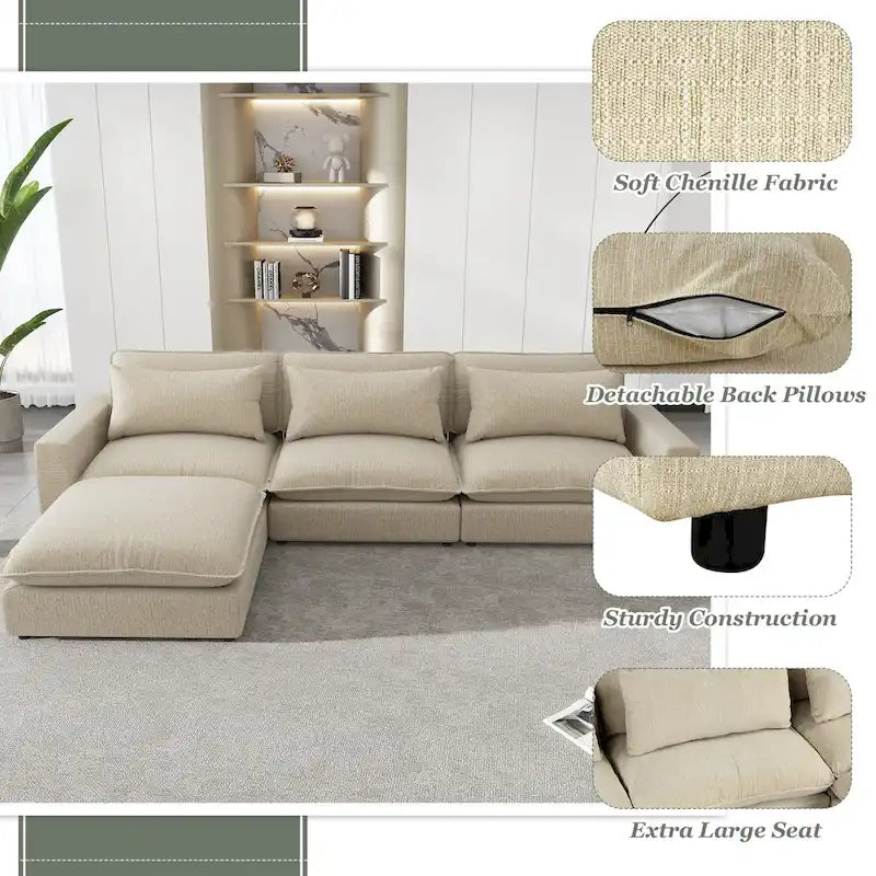 Canapé Sectionnel Canapé Nuage, Canapé Rembourré en Chenille avec Pouf Mobile, Ports de Chargement et 3 Coussins de Dossier