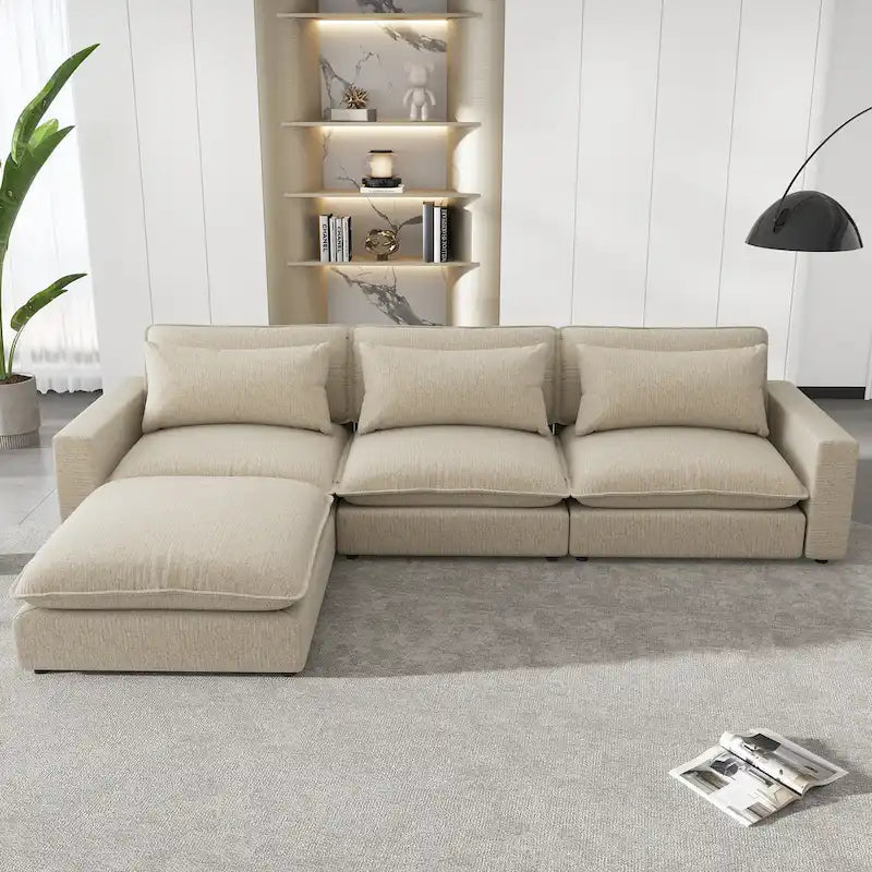 Canapé Sectionnel Canapé Nuage, Canapé Rembourré en Chenille avec Pouf Mobile, Ports de Chargement et 3 Coussins de Dossier