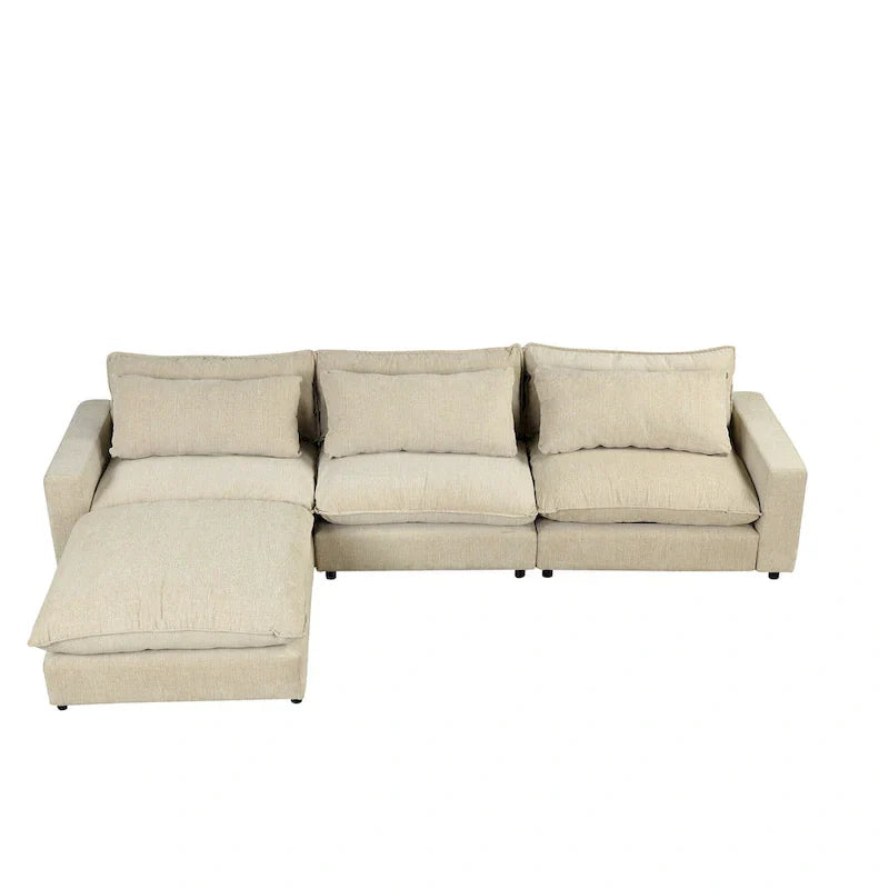 Canapé Sectionnel Canapé Nuage, Canapé Rembourré en Chenille avec Pouf Mobile, Ports de Chargement et 3 Coussins de Dossier