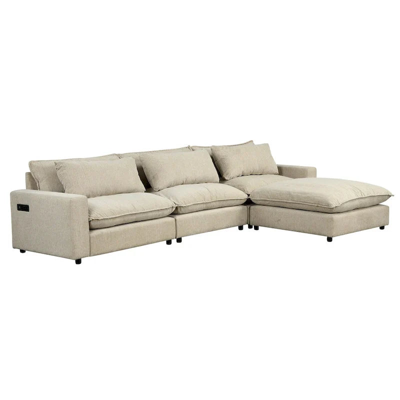 Canapé Sectionnel Canapé Nuage, Canapé Rembourré en Chenille avec Pouf Mobile, Ports de Chargement et 3 Coussins de Dossier