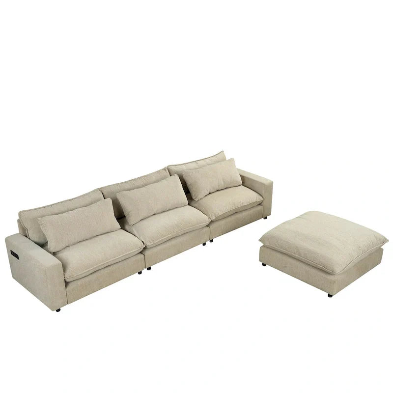 Canapé Sectionnel Canapé Nuage, Canapé Rembourré en Chenille avec Pouf Mobile, Ports de Chargement et 3 Coussins de Dossier
