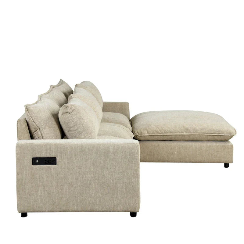 Canapé Sectionnel Canapé Nuage, Canapé Rembourré en Chenille avec Pouf Mobile, Ports de Chargement et 3 Coussins de Dossier