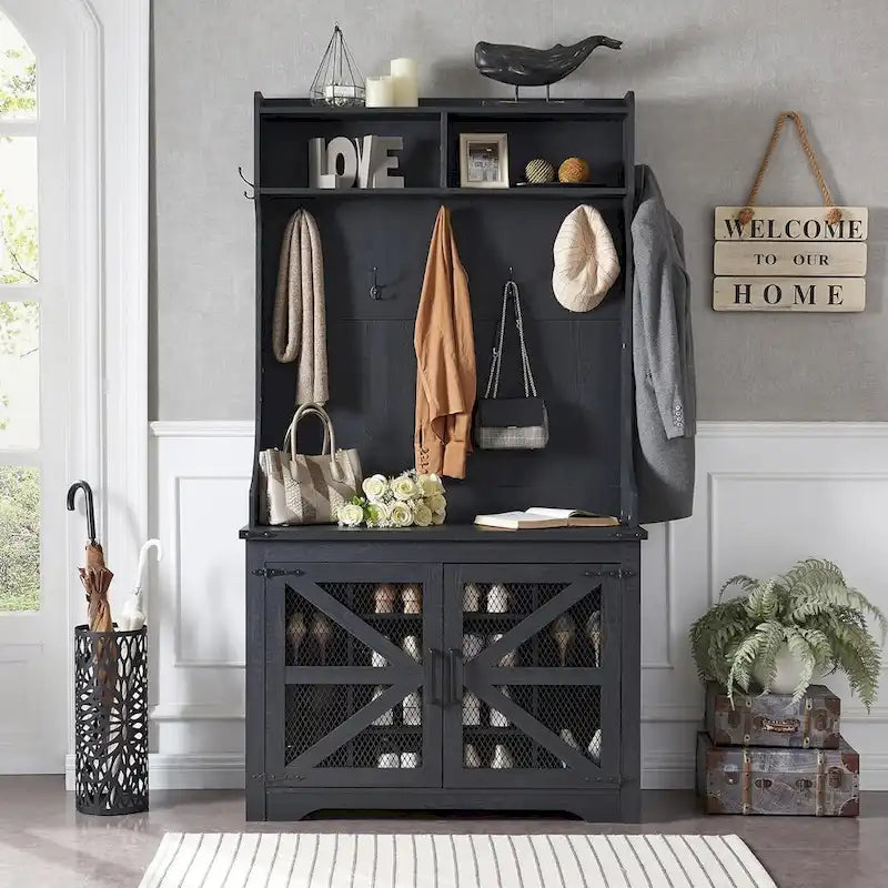 Banc d'entrée de ferme de 42 po de large avec porte-manteau, armoire de vestiaire
