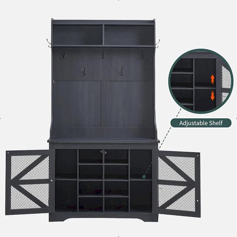 Banc d'entrée de ferme de 42 po de large avec porte-manteau, armoire de vestiaire