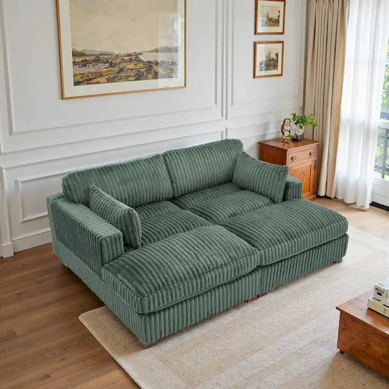 Canapé Sectionnel Modulable 82 pouces de large en Velours Côtelé Moelleux avec Méridienne