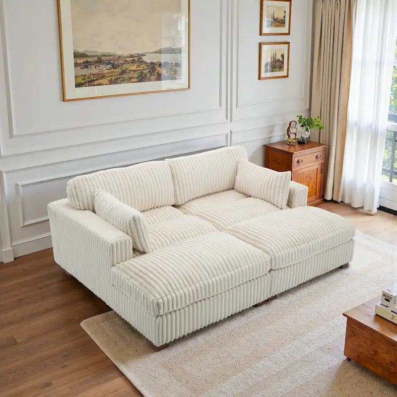 Canapé Sectionnel Modulable 82 pouces de large en Velours Côtelé Moelleux avec Méridienne