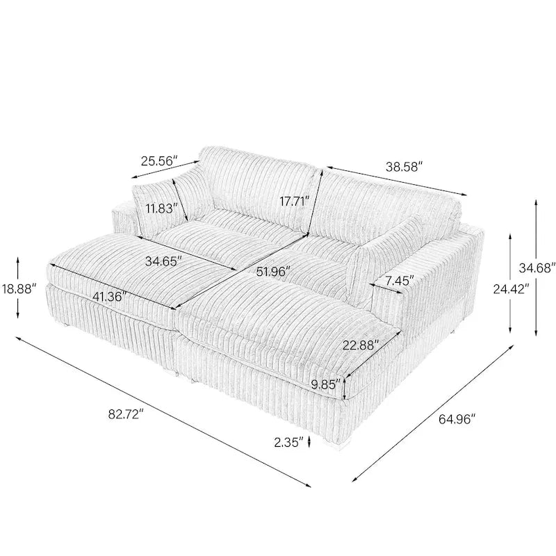 Canapé Sectionnel Modulable 82 pouces de large en Velours Côtelé Moelleux avec Méridienne