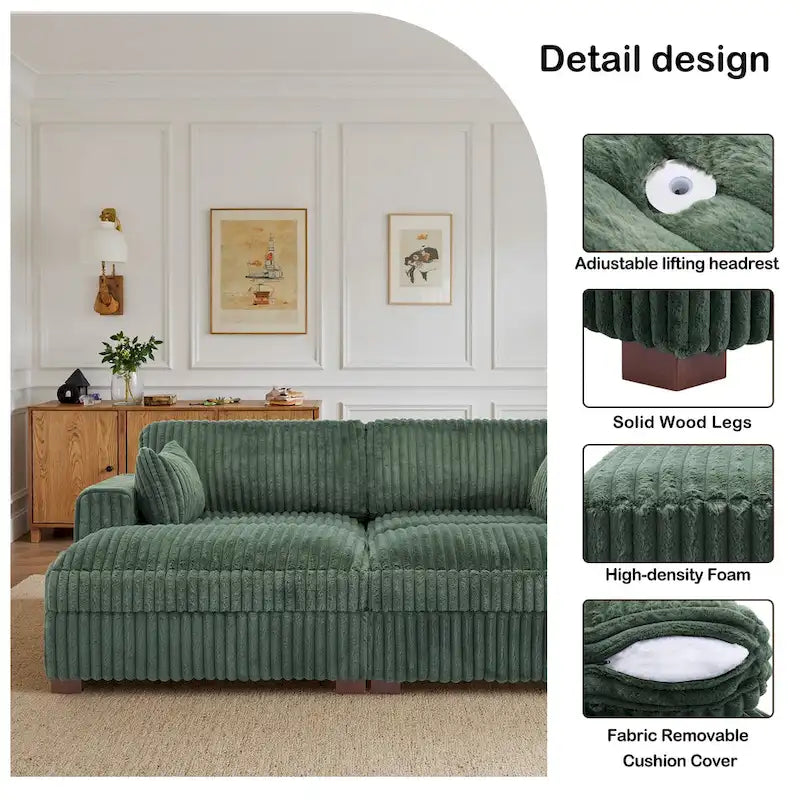 Canapé Sectionnel Modulable 82 pouces de large en Velours Côtelé Moelleux avec Méridienne