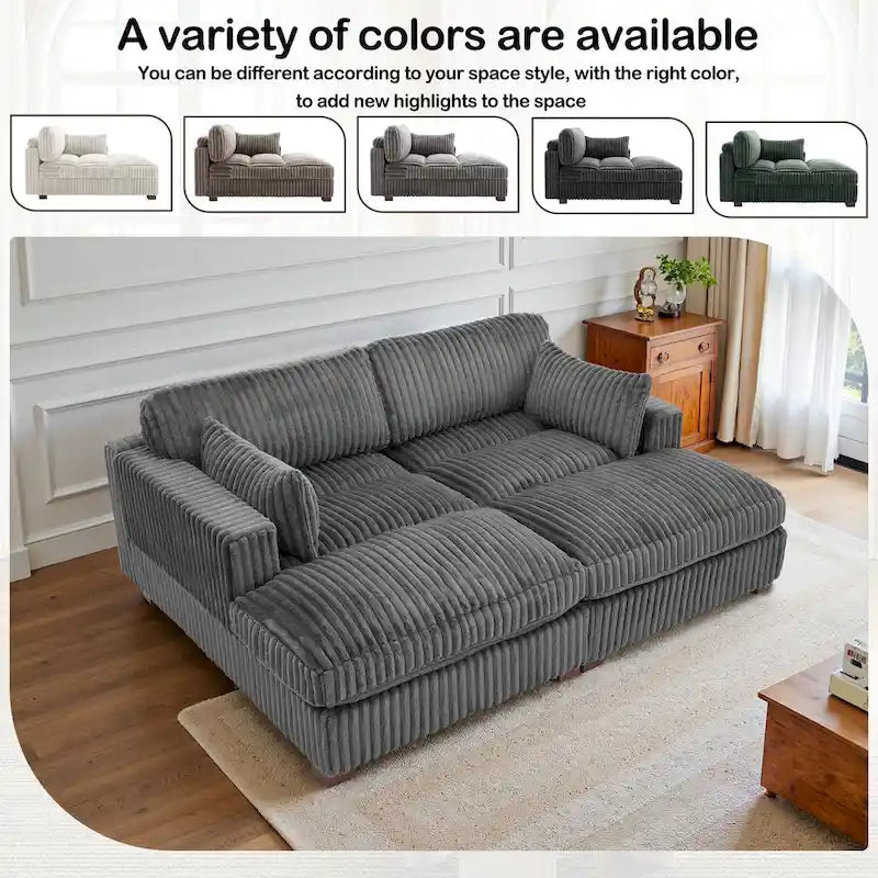 Canapé Sectionnel Modulable 82 pouces de large en Velours Côtelé Moelleux avec Méridienne