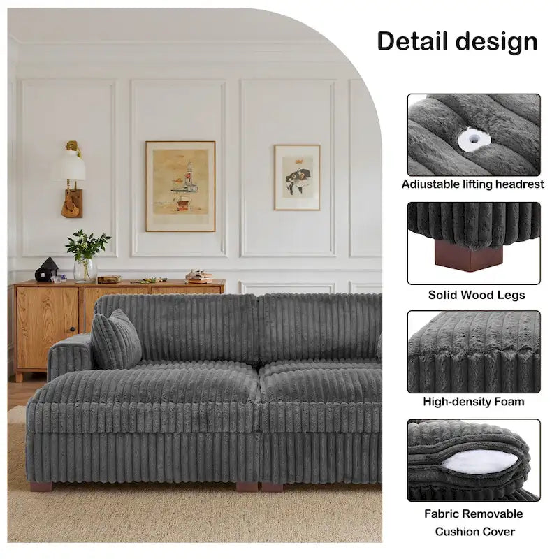 Canapé Sectionnel Modulable 82 pouces de large en Velours Côtelé Moelleux avec Méridienne