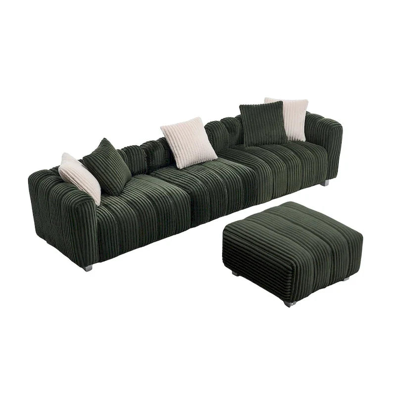 114.17 Canapé 3 places en velours côtelé avec ottoman, cadre en bois massif et coussins en mousse haute densité