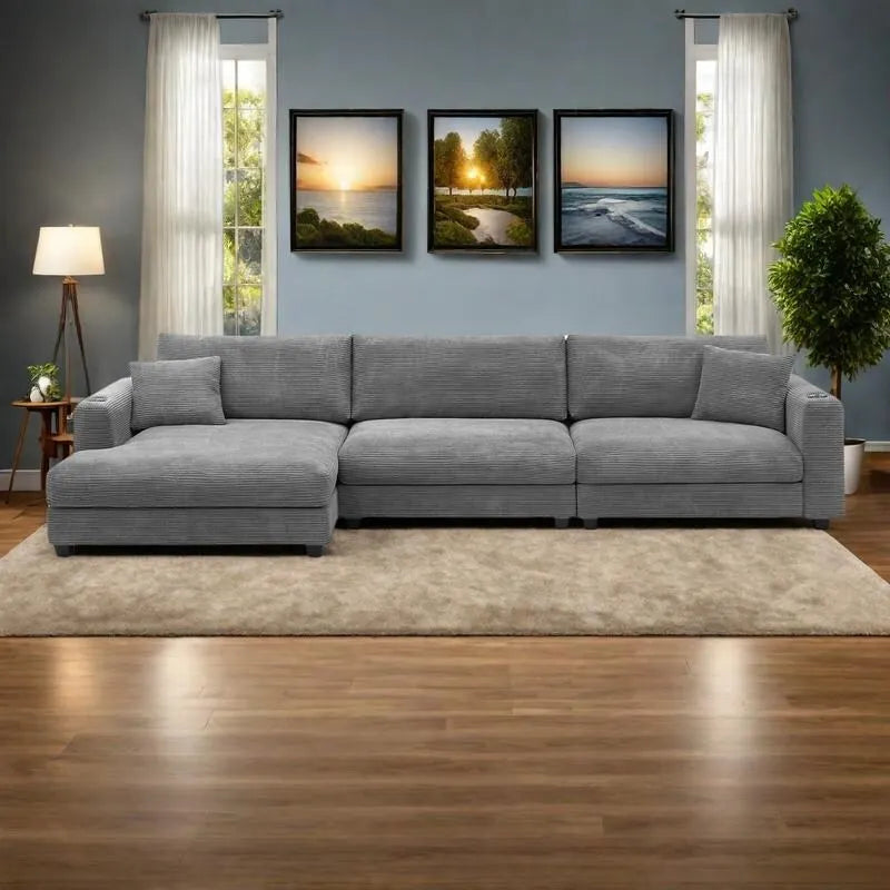 Canapé sectionnel en velours côtelé 134 avec canapé nuage en forme de L et charge USB & méridienne 50 (capacité 330 lb)