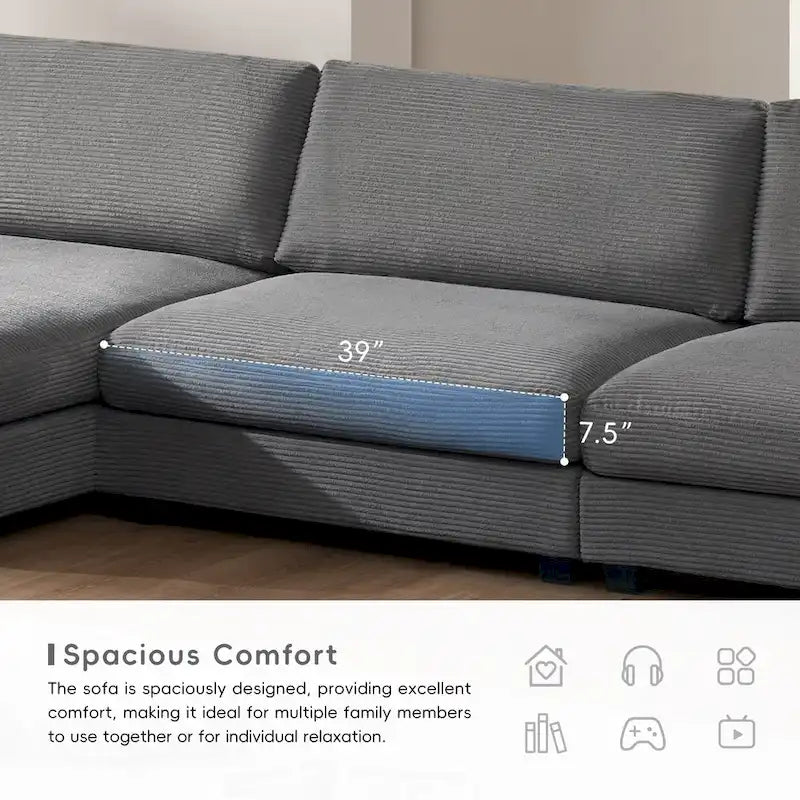 Canapé sectionnel en velours côtelé 134 avec canapé nuage en forme de L et charge USB & méridienne 50 (capacité 330 lb)