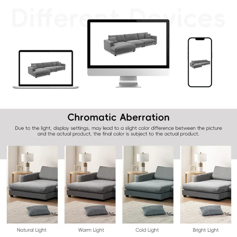 Canapé sectionnel en velours côtelé 134 avec canapé nuage en forme de L et charge USB & méridienne 50 (capacité 330 lb)
