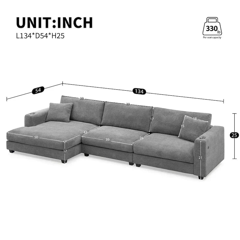 Canapé sectionnel en velours côtelé 134 avec canapé nuage en forme de L et charge USB & méridienne 50 (capacité 330 lb)