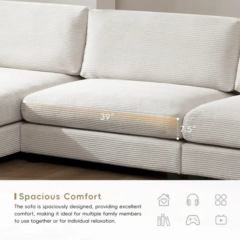 Canapé sectionnel en velours côtelé 134 avec canapé nuage en forme de L et charge USB & méridienne 50 (capacité 330 lb)