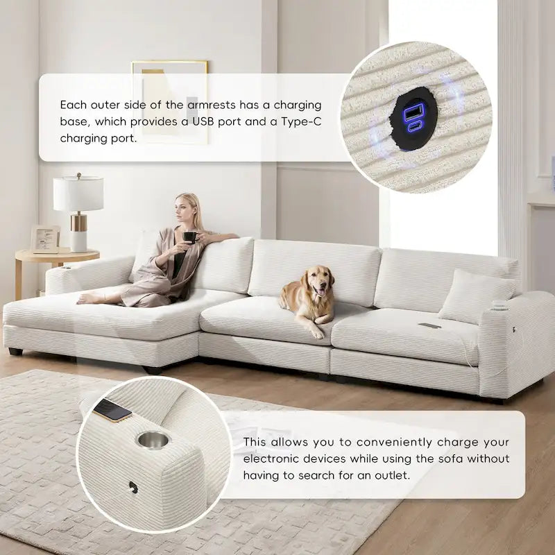 Canapé sectionnel en velours côtelé 134 avec canapé nuage en forme de L et charge USB & méridienne 50 (capacité 330 lb)