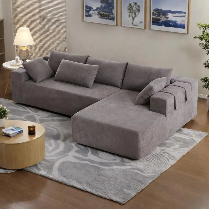 Canapé Sectionnel Modulable Forme L 108 pouces en Chenille avec 6 Coussins, Méridienne Réversible