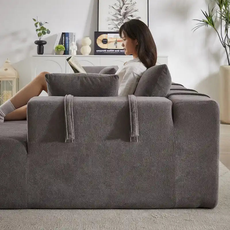 Canapé Sectionnel Modulable Forme L 108 pouces en Chenille avec 6 Coussins, Méridienne Réversible