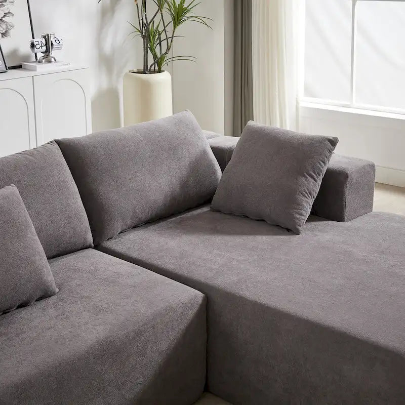 Canapé Sectionnel Modulable Forme L 108 pouces en Chenille avec 6 Coussins, Méridienne Réversible