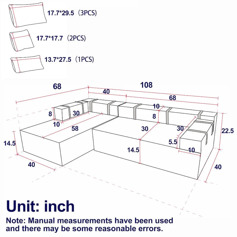 Canapé Sectionnel Modulable Forme L 108 pouces en Chenille avec 6 Coussins, Méridienne Réversible