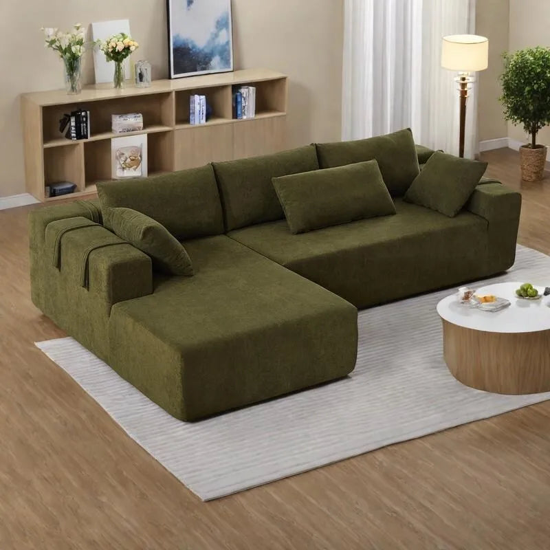 Canapé Sectionnel Modulable Forme L 108 pouces en Chenille avec 6 Coussins, Méridienne Réversible