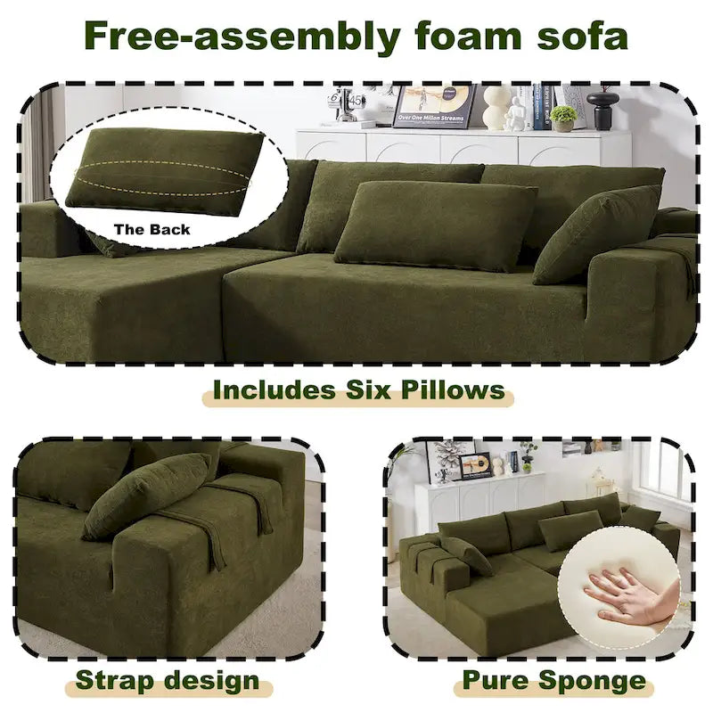 Canapé Sectionnel Modulable Forme L 108 pouces en Chenille avec 6 Coussins, Méridienne Réversible