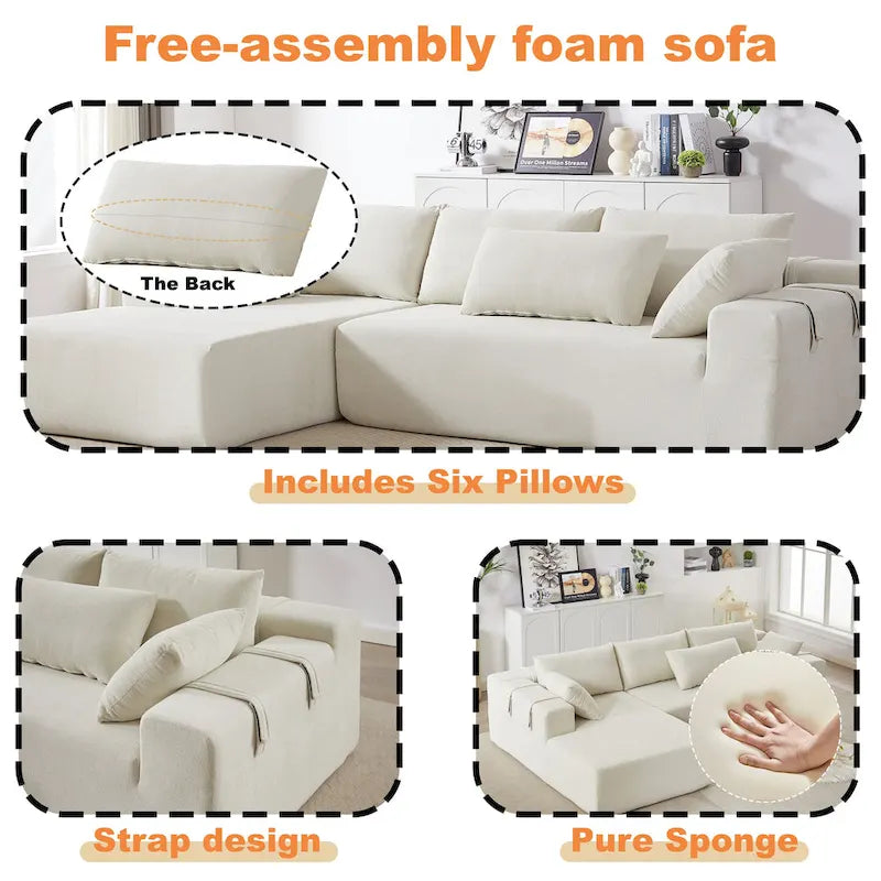 Canapé Sectionnel Modulable Forme L 108 pouces en Chenille avec 6 Coussins, Méridienne Réversible