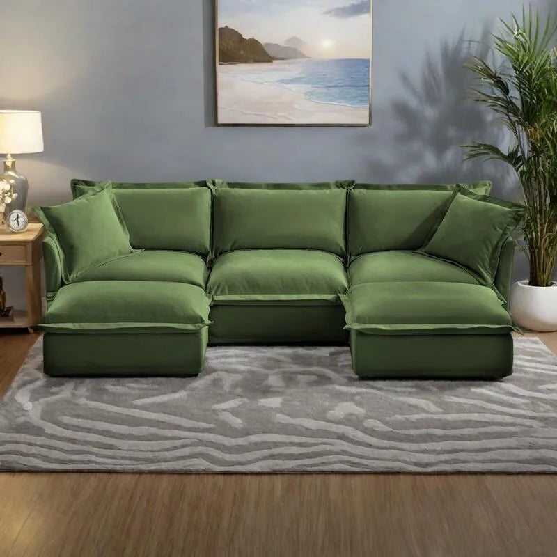 Canapé d'angle en chenille en forme de U de 305 cm avec 3 places, coussins à bord français et coussins moelleux